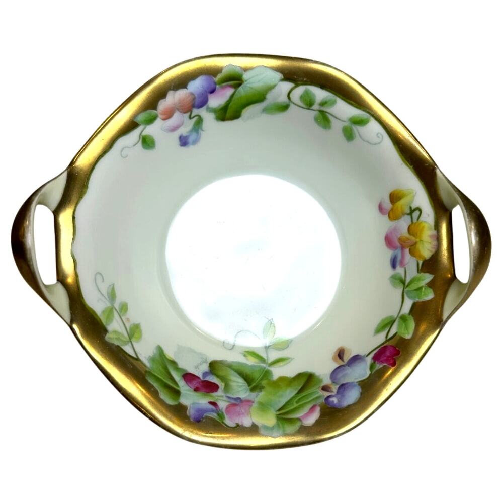 PT Bavarian Porcelain Vintage Hand Painted 7" Serving Bowl Sweet Peas Gold Trim